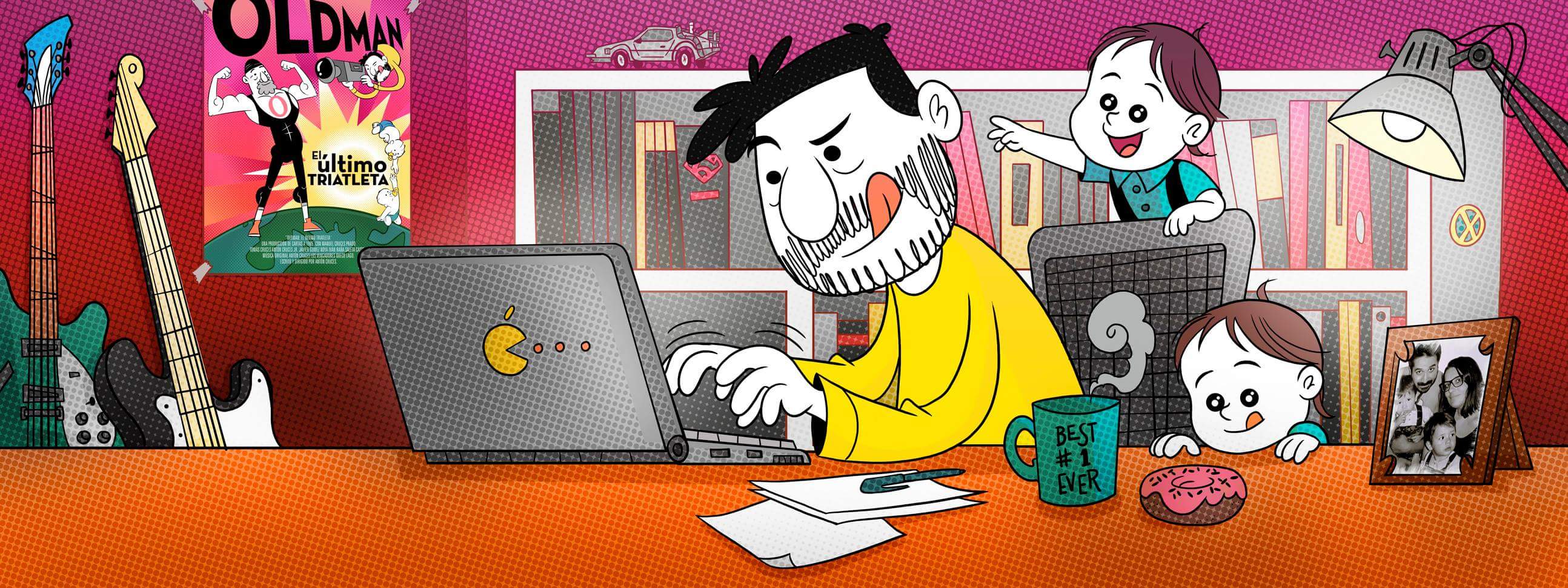 Ilustración del blog: Antón escribiendo con sus hijos a su alrededor